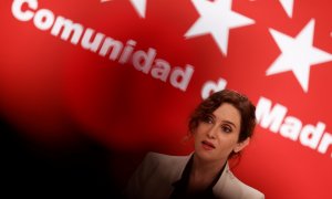 La presidenta de la Comunidad de Madrid, Isabel Díaz Ayuso durante la rueda de prensa ofrecida en la Real Casa de Correos de Madrid este jueves.