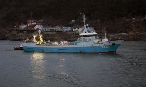 El pesquero español 'Playa Menduiña Dos' a su llegada al Puerto de San Juan de Terranova, a 19 de febrero de 2022, en San Juan, Terranova.