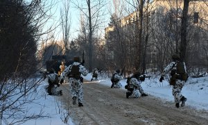 4/02/2022 Soldados forman parte de ejercicios de entrenamiento tácticos del Ministerio del Interior de Ucrania en la ciudad fantasma de Pripyat, cerca de la central nuclear de Chernobyl, el 4 de febrero de 2022