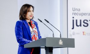 01/03/22. La ministra de Defensa, Margarita Robles, durante una rueda de prensa en Madrid, a 25 de febrero de 2022.