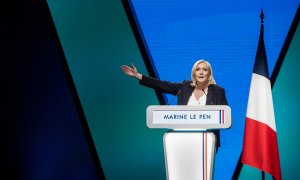 02/03/22. La candidata a la presidencia de Francia, Marine Le Pen, durante un acto de campaña en Reims, a 5 de febrero de 2022.