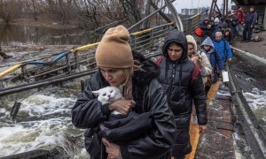 Una mujer con su gato cruza un puente destruido mientras los residentes huyen desde el frente de la ciudad de Irpín, en Kiev, este lunes 7 de marzo de 2022.