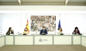 07/03/2022. Pedro Sánchez presidiendo la mesa de diálogo con los agente sociales en La Moncloa, a 07/03/2022.