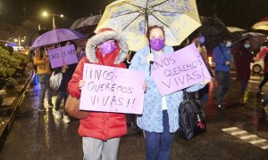 Un par de mujeres con pancartas contra la violencia machista en la manifestación del 25-N, en Santander. E.P./Juan Manuel Serrano Arce