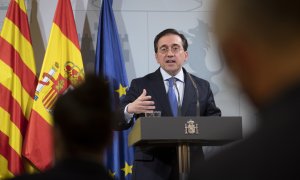 El ministro de Asuntos exteriores, Unión Europea y Cooperación, José Manuel Albares, durante la rueda de prensa de este viernes en Barcelona.