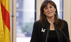 La presidenta del Parlament, Laura Borràs, durante su comparecencia el viernes 11 de marzo de 2022 en la cámara catalana para hacer balance de su primer año en el cargo.