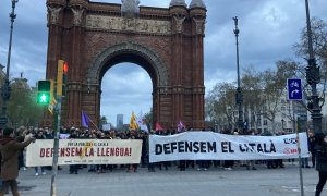 Una imatge de l'inici de la mobilització a l'Arc del Triomf de Barcelona.