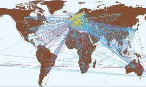 Esquema de la red mundial de los residuos más comunes entre 2003 y 2009: en azul, industriales, clínicos y farmacéuticos; en rojo, químicos; en amarillo, domésticos.