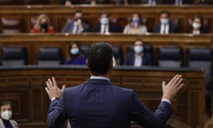 06/04/2022.- El presidente del Gobierno, Pedro Sánchez, interviene durante la sesión de control al Gobierno, este miércoles, en el Congreso de los Diputados. EFE/ Emilio Naranjo