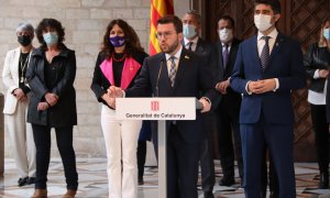 El president de la Generalitat, Pere Aragonès, durant la compareixença posterior a la reunió del Govern per abordar la resposta al 'Catalangate'.