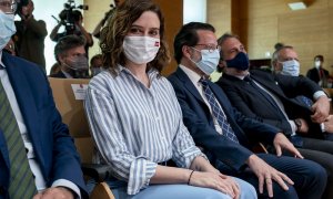 La presidenta de la Comunidad de Madrid, Isabel Díaz Ayuso, durante la presentación de la calculadora interactiva de impuestos, en la Real Casa de Correos, a 18 de abril de 2022, en Madrid (España).