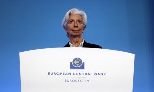 La presidenta del BCE, Christine Lagarde, en una comparecencia tras la reunión del Consejo de Gobierno de la entidad, en su sede en Fráncfort. Daniel Roland/Pool/AFP