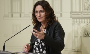 La consellera de la Presidencia, Laura Vilagrà durante la rueda de prensa tras el encuentro mantenido con el ministro de la Presidencia, Félix Bolaños, este domingo en Barcelona.