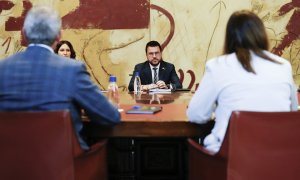 El president de la Generalitat, Pere Aragonès, durante la reunión semanal del Govern que se ha celebrado este 26 de abril en plena polémica por el espionaje telefónico a políticos y activistas catalanes.