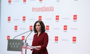 La presidenta de la Comunidad de Madrid, Isabel Díaz Ayuso, durante su intervención en el acto de conmemoración por el Día Internacional de la Eliminación de la Violencia contra la Mujer.