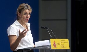 La vicepresidenta segunda y ministra de Trabajo y Economía Social, Yolanda Díaz, comparece en la sede del Ministerio, a 6 de mayo de 2022, en Madrid.