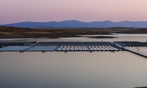 11/05/2022. Acciona explota una central solar flotante de más de una hectárea en el pantano de Sierra Brava, en Zorita (Cáceres).