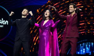 Mika, Laura Pausini, Alessandro Cattelan presenting at the first semi final