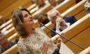 La vicepresidenta tercera y ministra para la Transición Ecológica, Teresa Ribera, durante la sesión de control al Gobierno en el Senado.