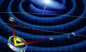 Esquema de LISA detectando ondas gravitacionales procedentes de una galaxia lejana.