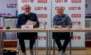 23/05/2022. El secretario general de la Unión General de Trabajadores (UGT), Pepe Álvarez y el secretario general de Comisiones Obreras (CCOO), Unai Sordo, durante una reunión en la sede de UGT, a 12 de mayo de 2022, en Madrid.