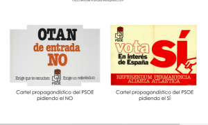 Carteles del PSOE en contra y a favor de la OTAN.