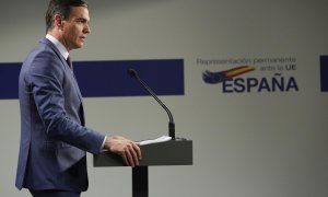 El presidente del Gobierno, Pedro Sánchez, durante su rueda de prensa en Bruselas este martes.