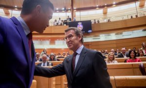 El presidente del Gobierno, Pedro Sánchez, y el líder del PP, Alberto Núñez Feijóo, se saludan en una sesión plenaria en el Senado, a 7 de junio de 2022, en Madrid.