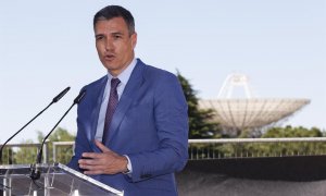 El presidente del Gobierno, Pedro Sánchez, durante la clausura del acto de presentación del Proyecto Estratégico para la Recuperación y Transformación Económica (PERTE) Aeroespacial, este jueves.