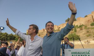 El presidente del PP-A y candidato a la reelección a la Presidencia de la Junta, Juanma Moreno, junto al presidente del PP, Alberto Núñez Feijoó, clausuran un mitin, a 11 de junio del 2022 en Málaga.