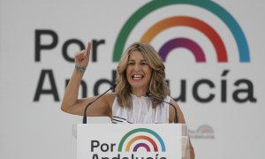 La ministra de Trabajo, Yolanda Díaz, durante el acto electoral de Por Andalucía en la localidad sevillana de Dos Hermanas. EFE / José Manuel Vidal.