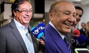 Una imagen combinada muestra a los candidatos presidenciales colombianos Gustavo Petro y Rodolfo Hernández hablando con los medios en Bogotá .