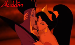 Jazmín besa a Jaffar en la película Aladdin (John Musker y Ron Clements, 1992). Walt Disney Pictures