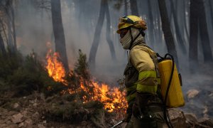 Un bombero trabaja en la extinción del incendio en la Sierra Culebra, en Zamora, Castilla y León.