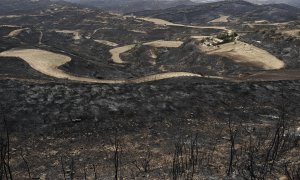 Alrededores de San Martin de Unx donde una casa aparece rodeada de campos calcinados tras el incendio que se ha originado en la Comunidad Foral