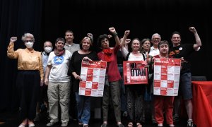 Foto de familia de la ‘Cumbre por la Paz: OTAN no’, en el Auditorio Marcelino Camacho de Comisiones Obreras de Madrid, a 24 de junio de 2022.