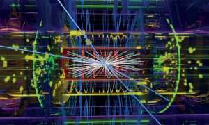 04/07/2022 - Un candidato a bosón de Higgs registrado en el detector ATLAS. Cuatro rastros de muones (en azul) emergen del punto de interacción.
