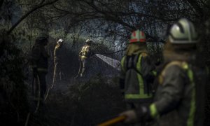 bomberos forestales realizan labores de extinción en un incendio forestal declarado a las afueras de la ciudad de Ourense.