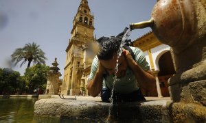 Un turista se refresca en una de las fuentes del patio de los naranjos de la Mezquita - Catedral en una jornada con altas temperaturas y avisos naranja