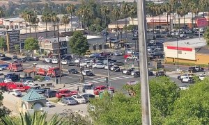 Peck Park (San Pedro, Los Angeles), lugar de los hechos del tiroteo, inundado de cuerpos policiales.