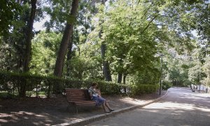 Una señora sentada en un baco del parque Quinta de los Molinos, a 24 de julio de 2022, en el distrito de San Blas-Canillejas, Madrid (España)