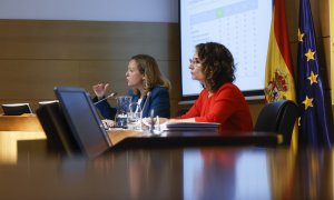 03/08/2022. Las ministras de Economía y de Hacienda, Nadia Calviño y María Jesús Montero, en una comparecencia, a 29 de abril de 2022.