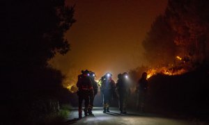 Varios bomberos forestales trabajan en la extinción del incendio de Cures, en Boiro, A Coruña, en la madrugada de este sábado.