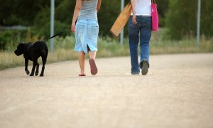 07/09/2022. Dos mujeres pasean a un perro por la calle, a 1 de Mayo de 2014.