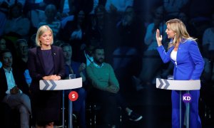 10/09/2022. La líder socialdemócrata, Magdalena Andersson, y  Ebba Busch, representante de los Demócratas Cristianos, durante el debate electoral, a 8 de septiembre de 2022.