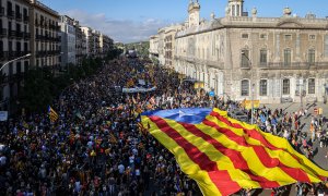 Una estelada de grans dimensions en el marc de la manifestació de l'ANC per la Diada a Barcelona aquest diumenge.