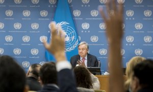El secretario general de la ONU, António Guterres, en rueda de prensa tras reunirse con Putin este miércoles 14 de septiembre.