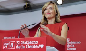 La portavoz de la Comisión Ejecutiva Federal del partido socialista, Pilar Alegría, ofrece una rueda de prensa en la sede del PSOE en Madrid, este lunes