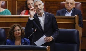 El ministro del Interior, Fernando Grande-Marlaska, interviene durante la sesión de control en el Congreso de los diputados este miércoles, en Madrid. EFE/ Juan Carlos Hidalgo