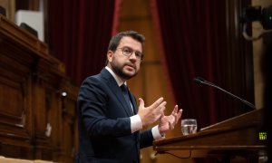 El president de la Generalitat, Pere Aragonès, interviene en el debate de política general anual, en el Parlament de Catalunya, a 27 de septiembre de 2022, en Barcelona, Cataluña (España).